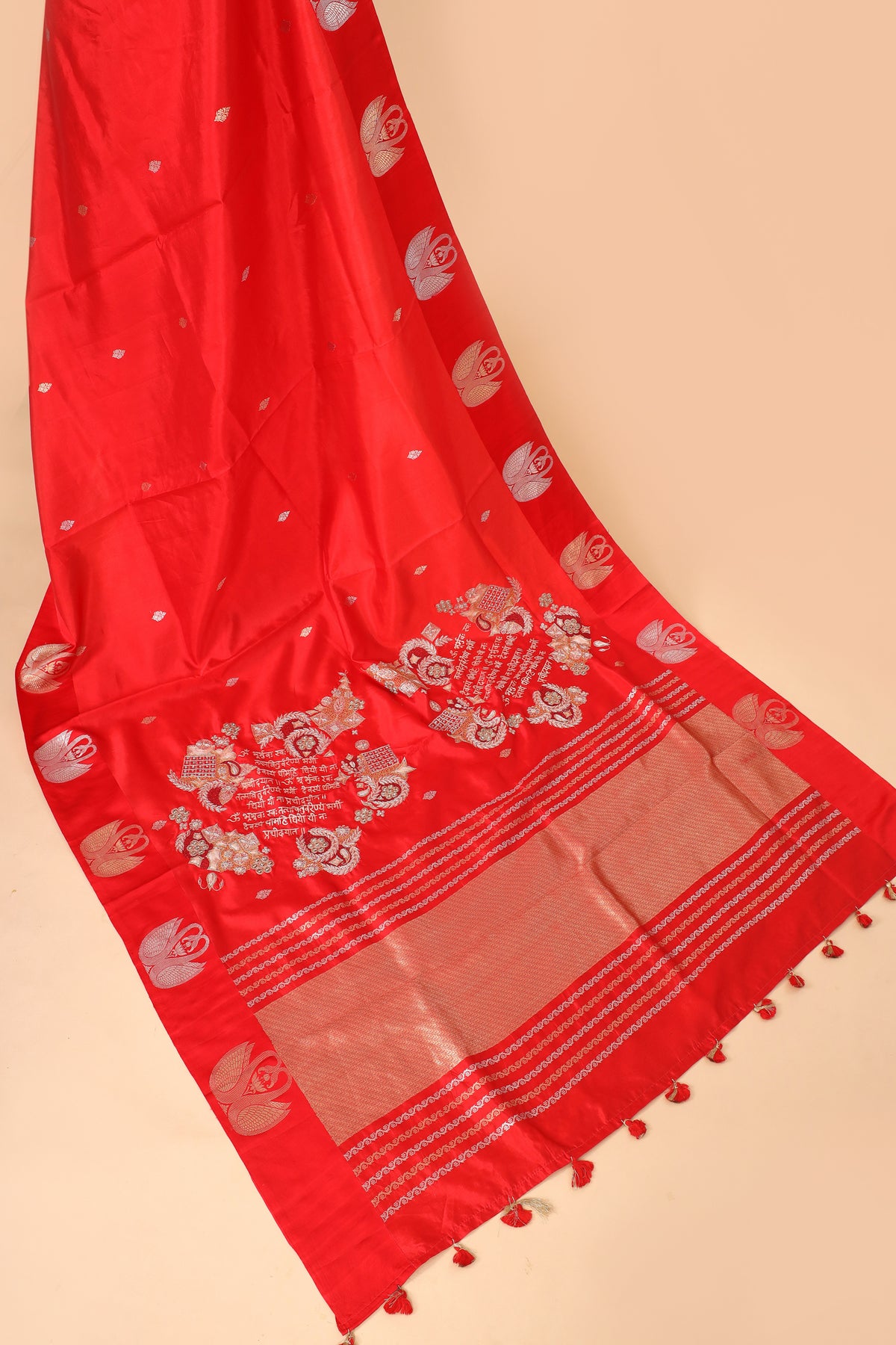 Gayatri Mantra Embellished Handwoven Red Banarasi Soft Silk Saree With Swan Motifs