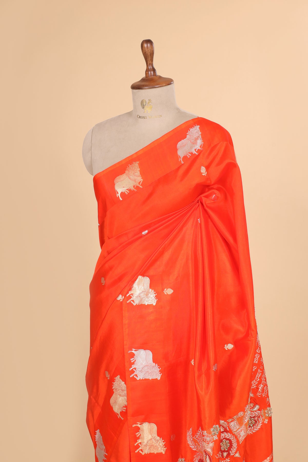 Gayatri Mantra Embellished Handwoven Bright Orange Banarasi Soft Silk Saree WIth Nandi Motifs