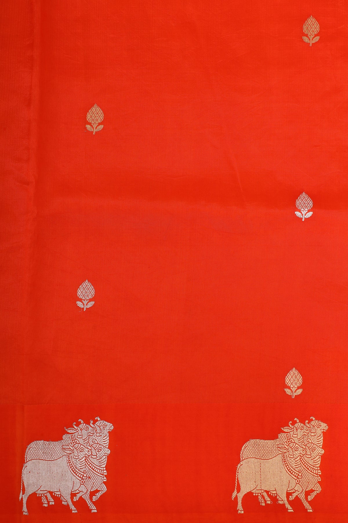 Gayatri Mantra Embellished Handwoven Bright Orange Banarasi Soft Silk Saree WIth Nandi Motifs