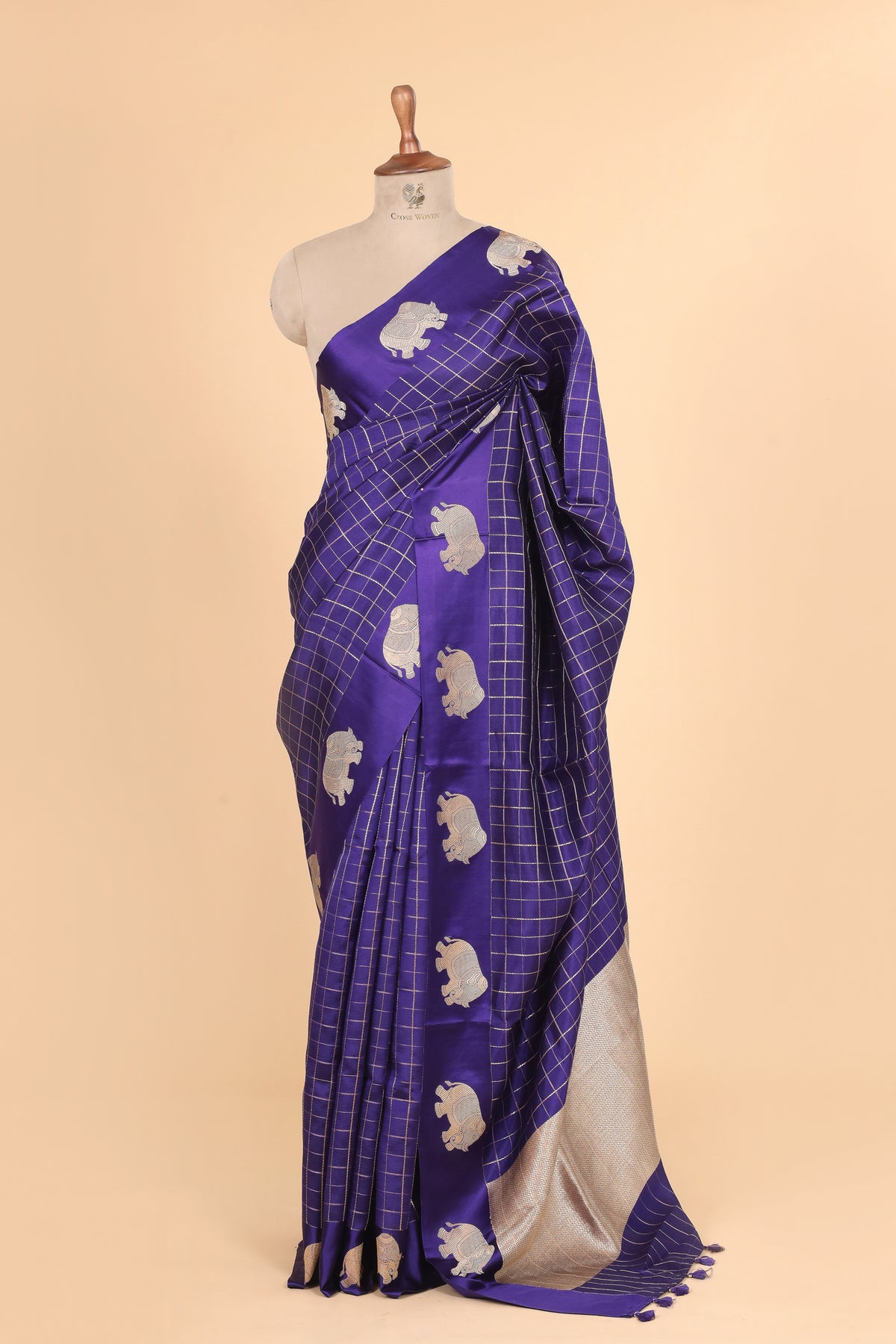 Royal Blue Pure Banrasi Soft Silk Checkered Pattern Saree