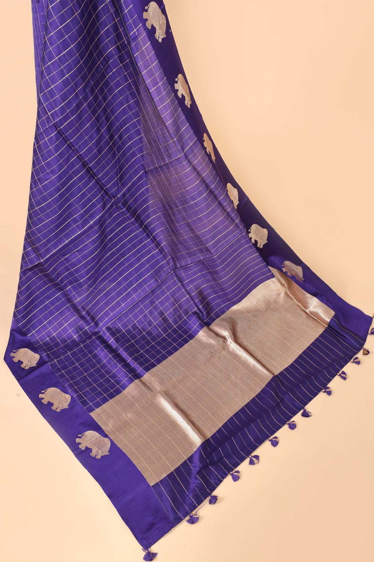 Royal Blue Pure Banrasi Soft Silk Checkered Pattern Saree
