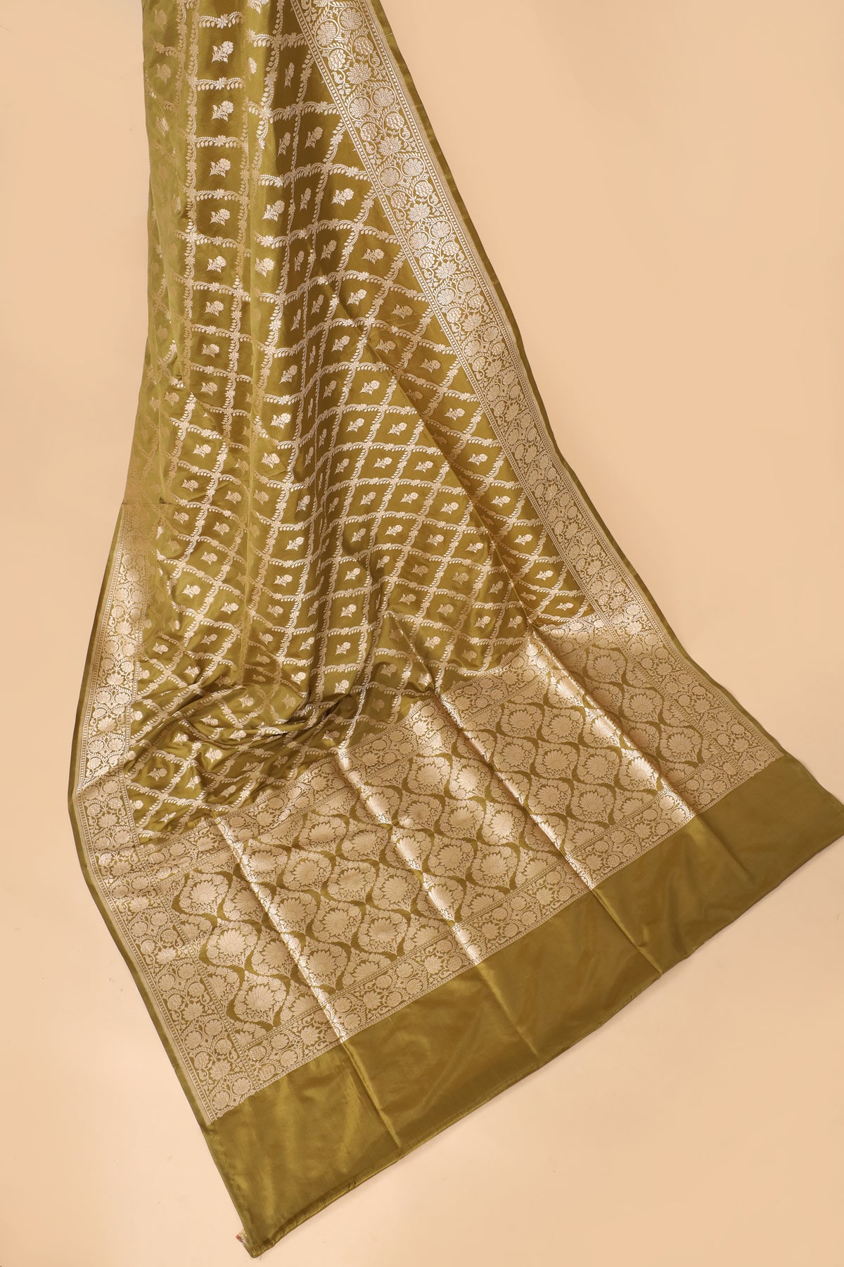 Olive Green Pure Katan Silk Saree Allover Jaal