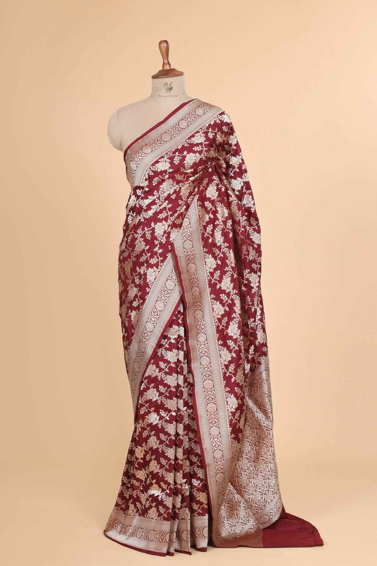 Deep Maroon Pure Katan Silk Saree Allover Jaal