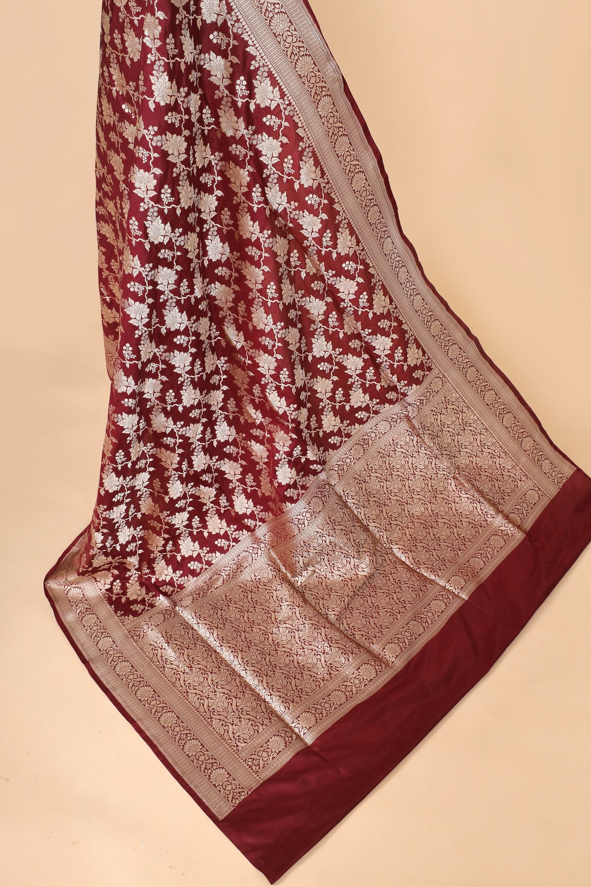 Deep Maroon Pure Katan Silk Saree Allover Jaal