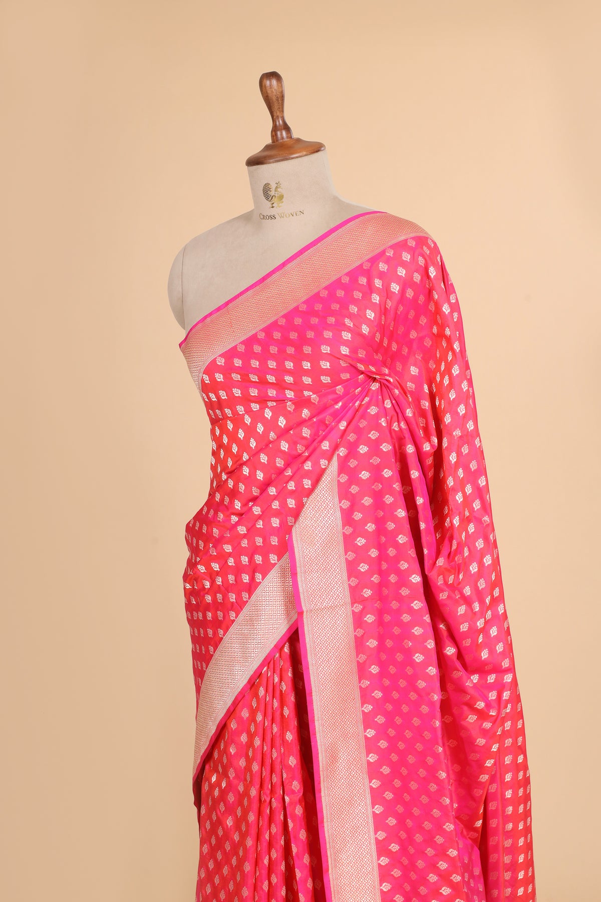 Bright Pink Pure Banarasi Katan Silk Saree Allover Floral Booti