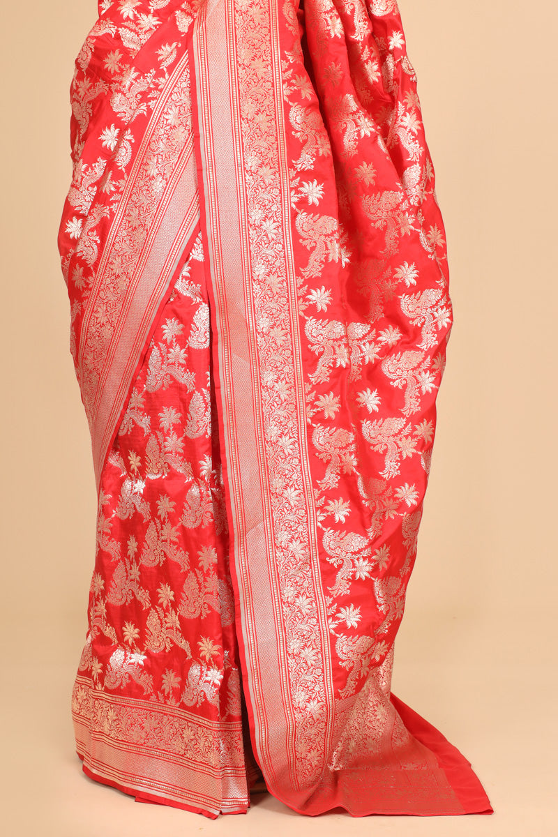Red Pure Katan Silk Saree with Traditional Floral Zari Brocade