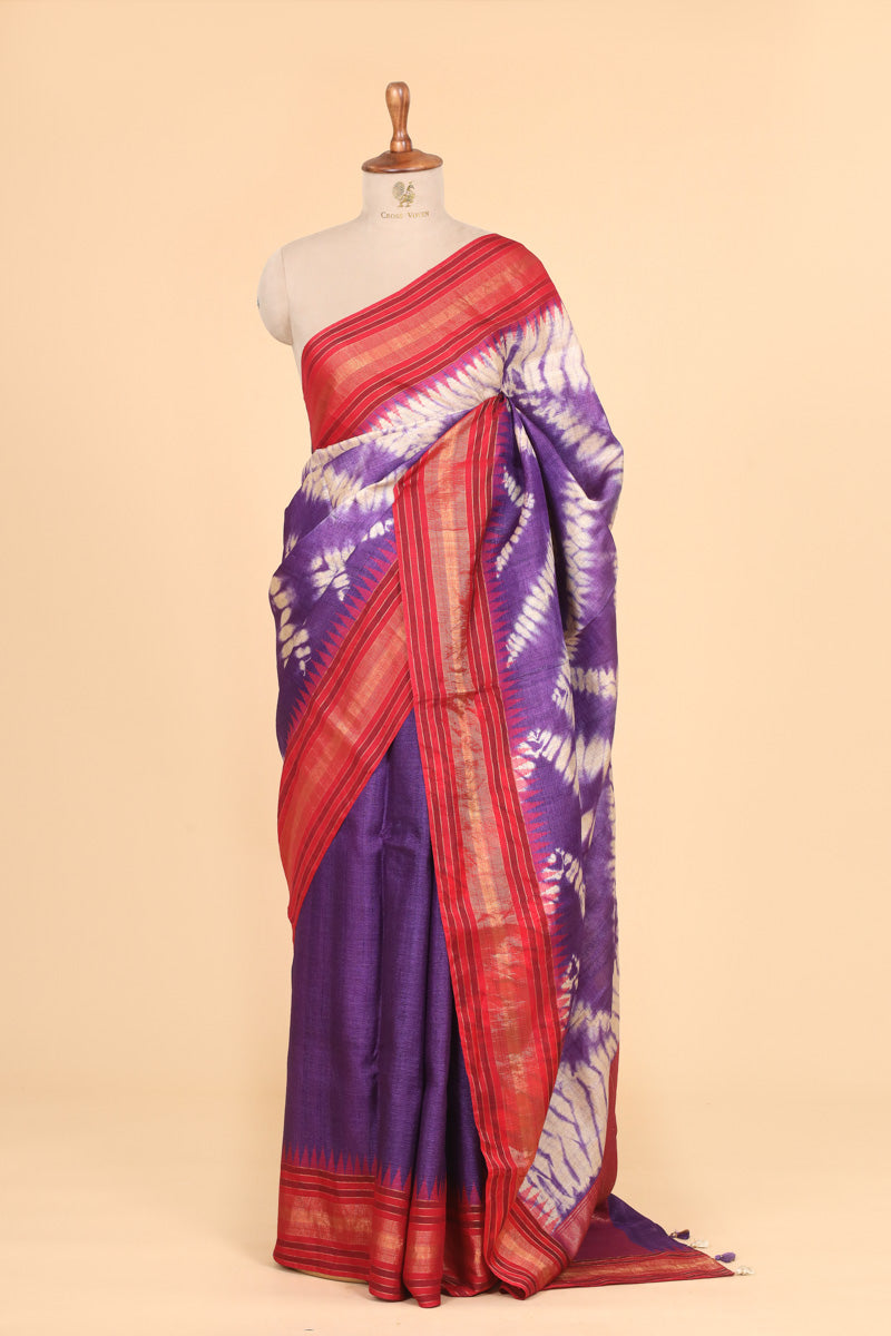 Purple Red Tie-Dye Tussar Silk Saree