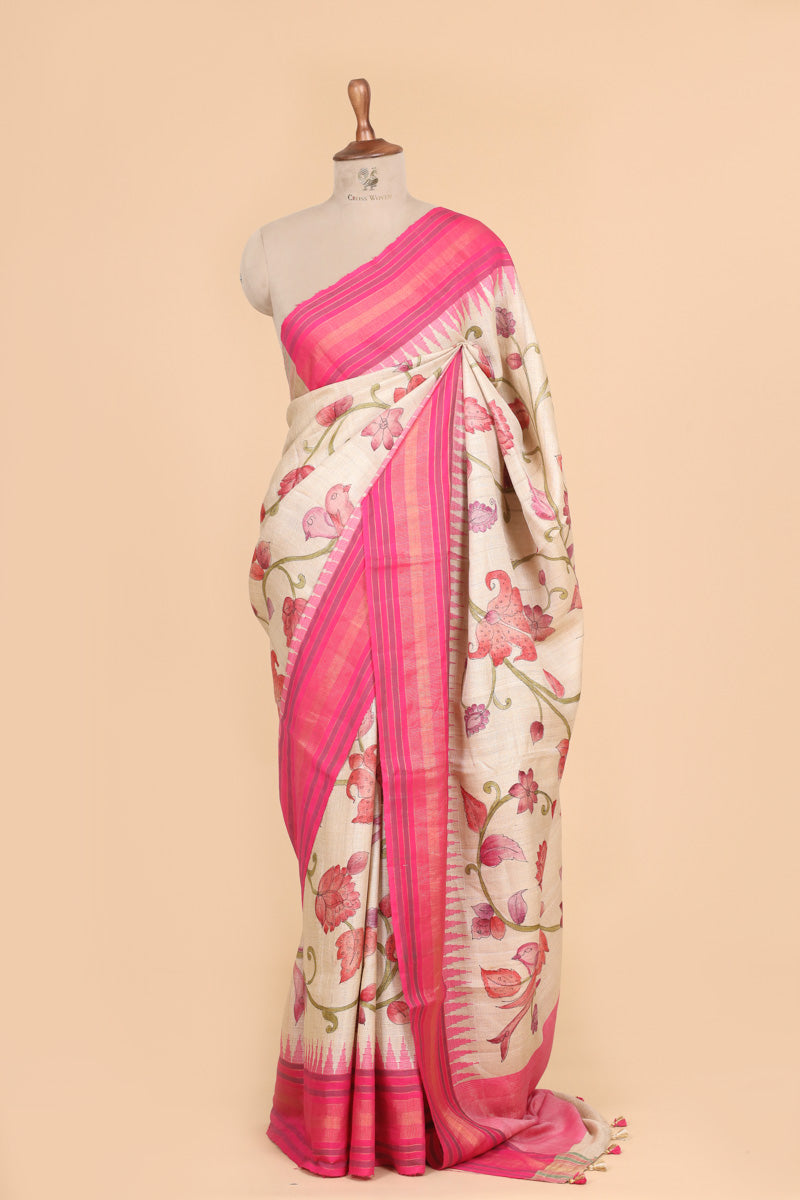 Ivory Pink Handbrush Tussar Silk Floral Saree