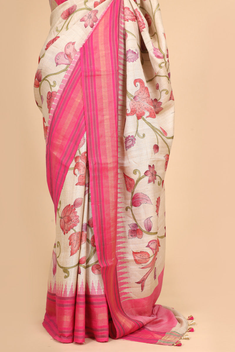Ivory Pink Handbrush Tussar Silk Floral Saree