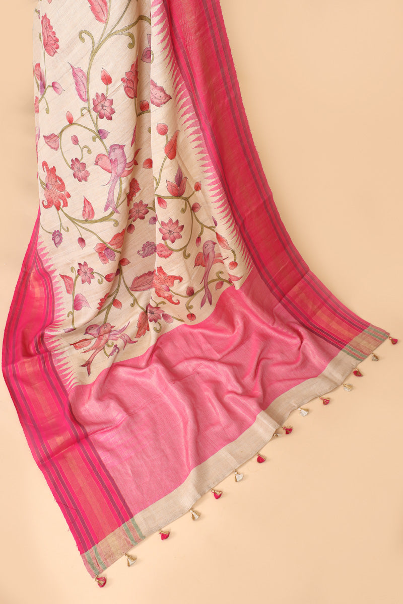 Ivory Pink Handbrush Tussar Silk Floral Saree