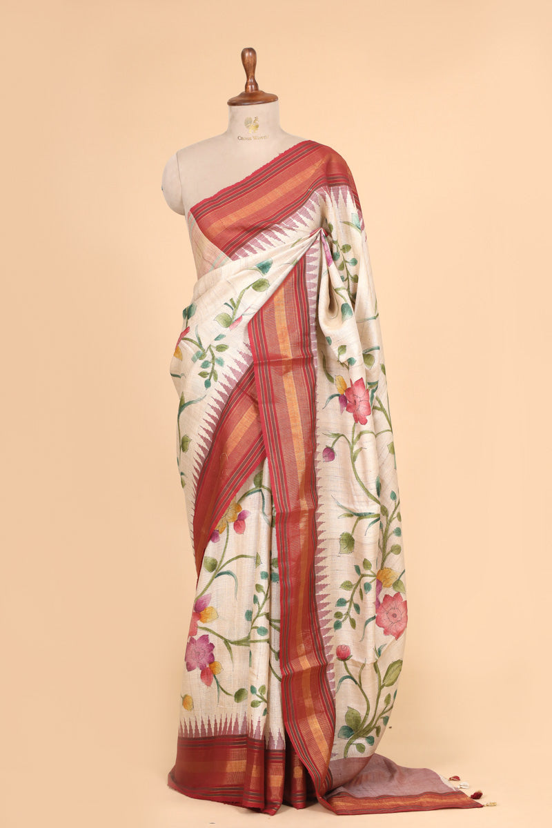 Ivory Red Handbrush Tussar Silk Floral Saree