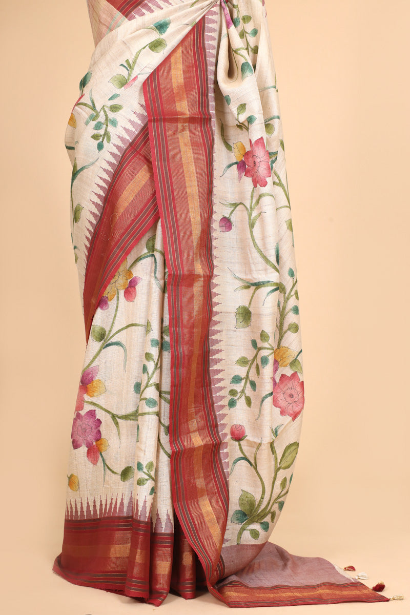 Ivory Red Handbrush Tussar Silk Floral Saree