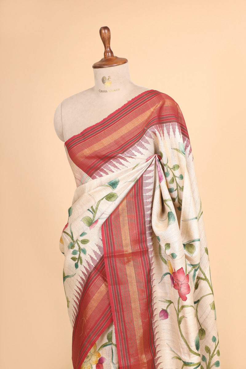 Ivory Red Handbrush Tussar Silk Floral Saree