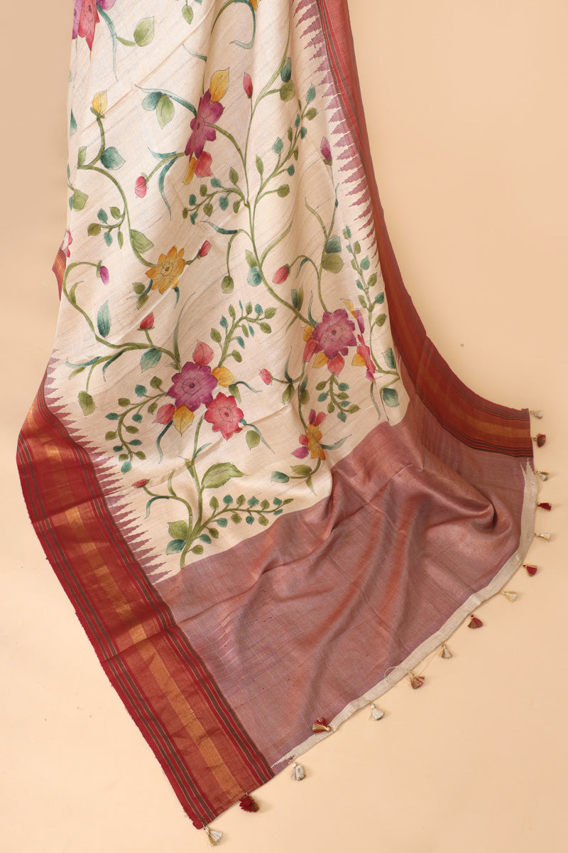 Ivory Red Handbrush Tussar Silk Floral Saree