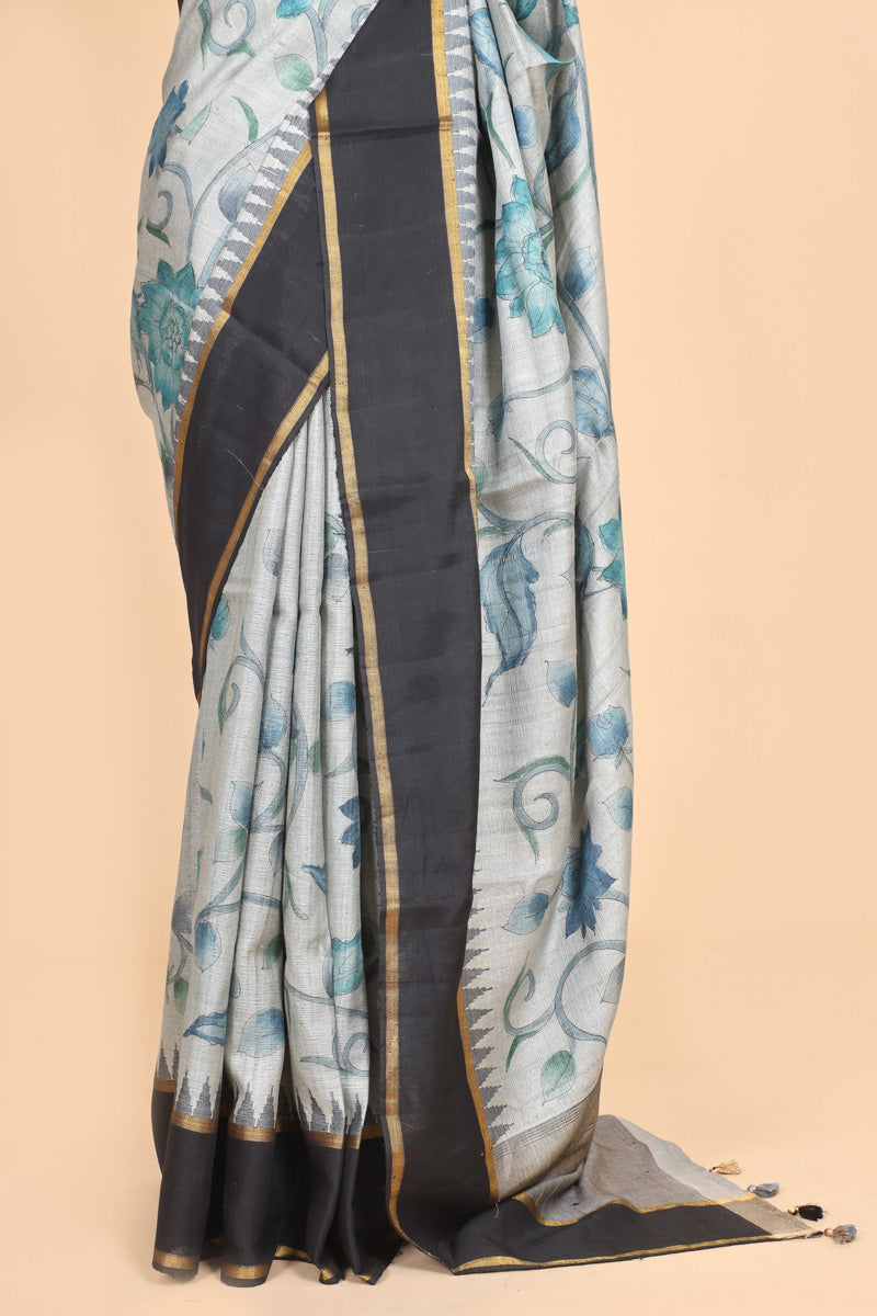 Black & Grey Handbrush Tussar Silk Floral Saree