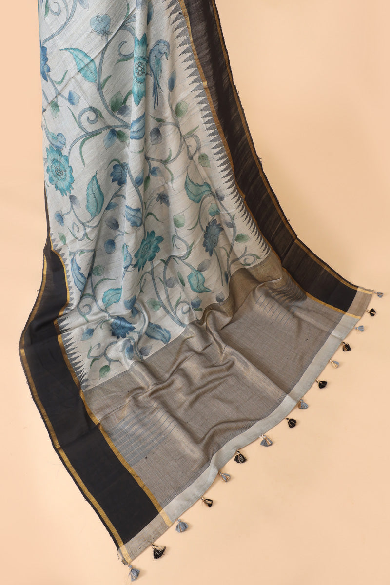 Black & Grey Handbrush Tussar Silk Floral Saree