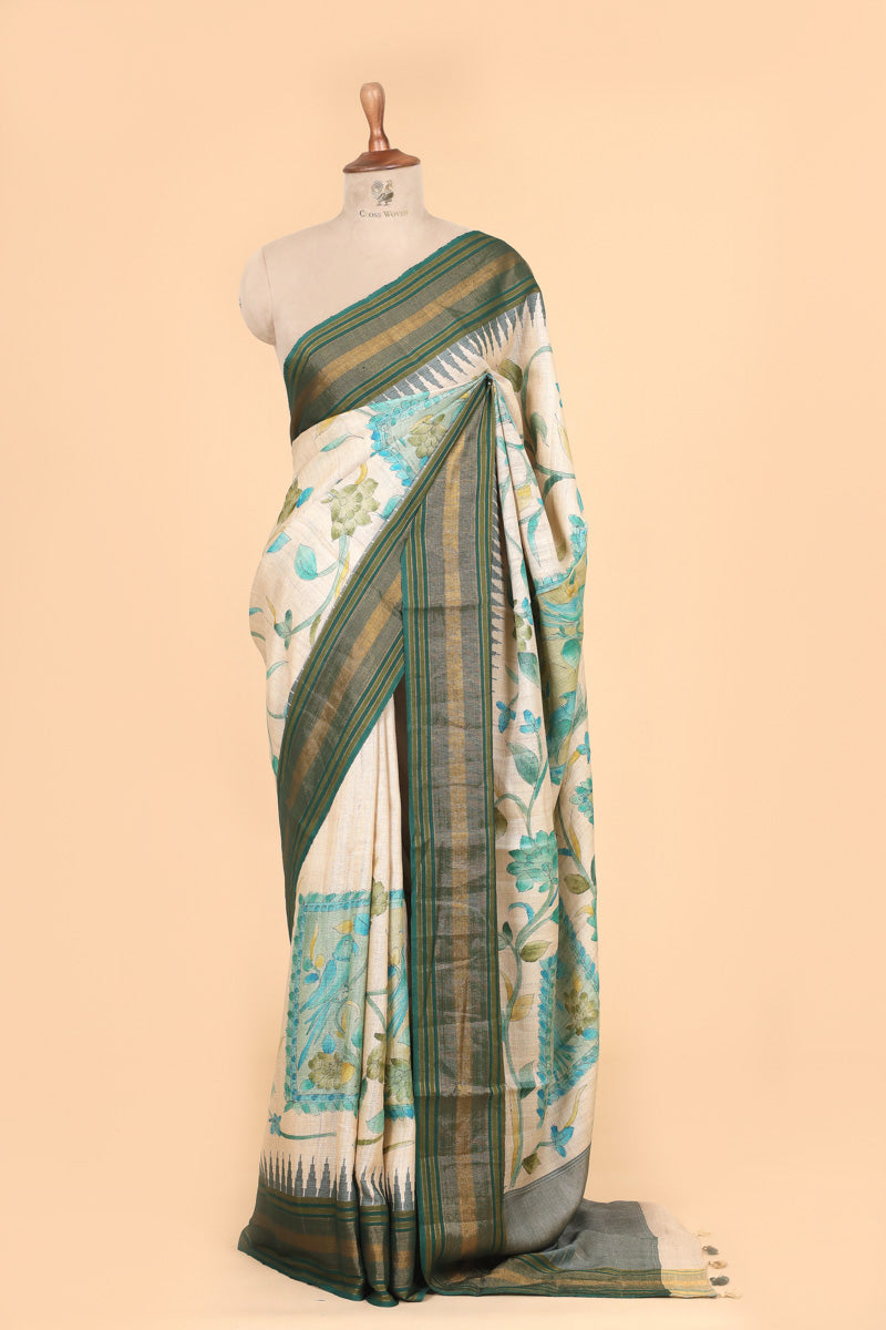 Emerald Green & Beige Handbrush Tussar Silk Floral Saree