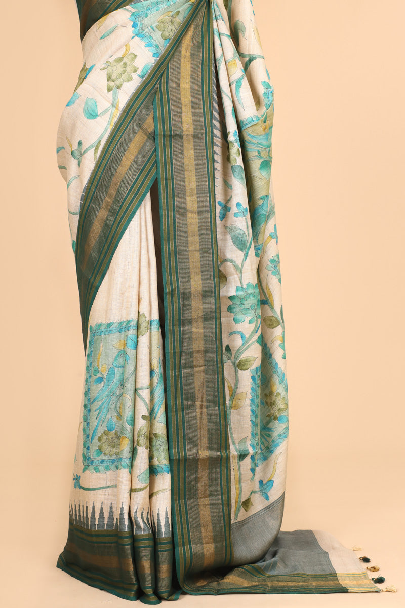 Emerald Green & Beige Handbrush Tussar Silk Floral Saree