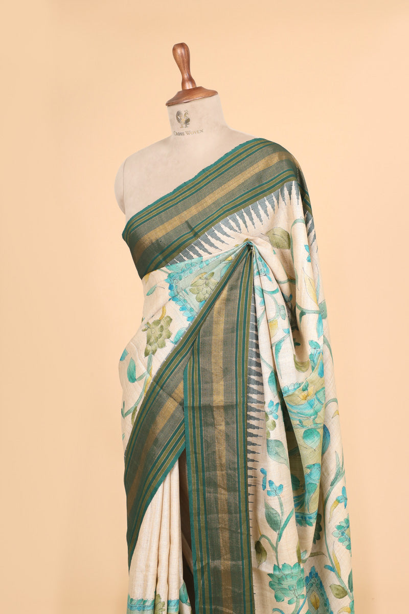 Emerald Green & Beige Handbrush Tussar Silk Floral Saree