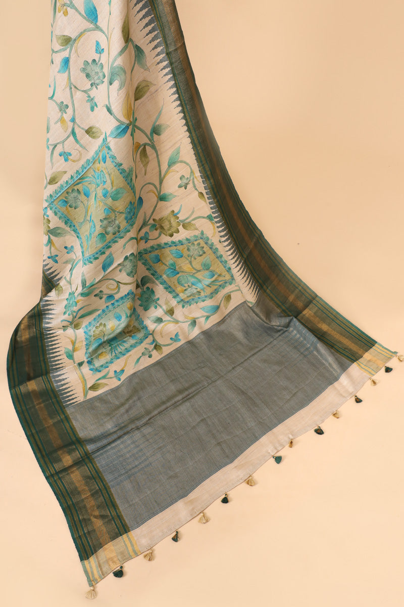 Emerald Green & Beige Handbrush Tussar Silk Floral Saree