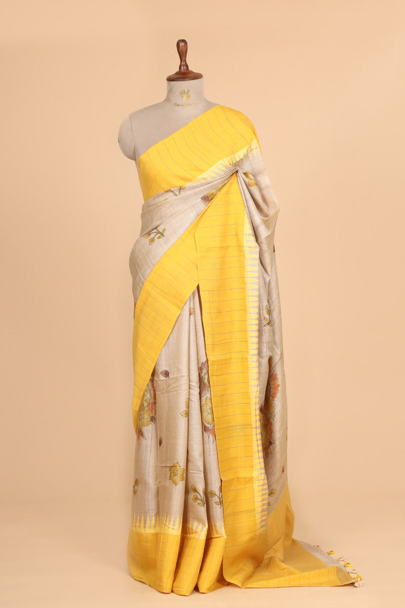 Beige And Yellow Tusser Silk Saree With Handbrush Floral Work