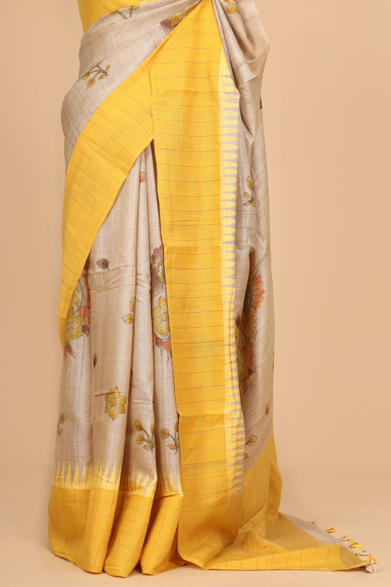 Beige And Yellow Tusser Silk Saree With Handbrush Floral Work
