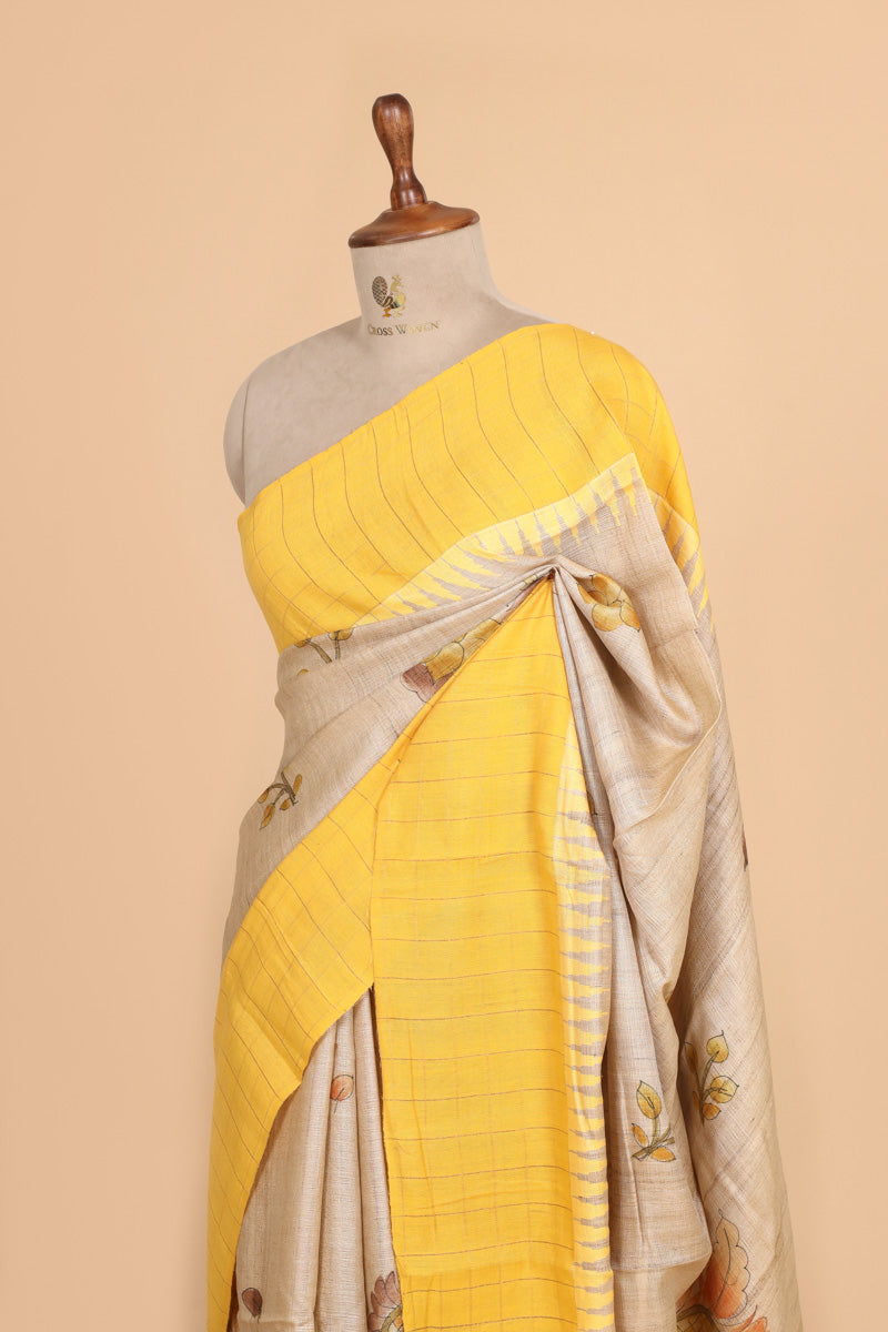 Beige And Yellow Tusser Silk Saree With Handbrush Floral Work