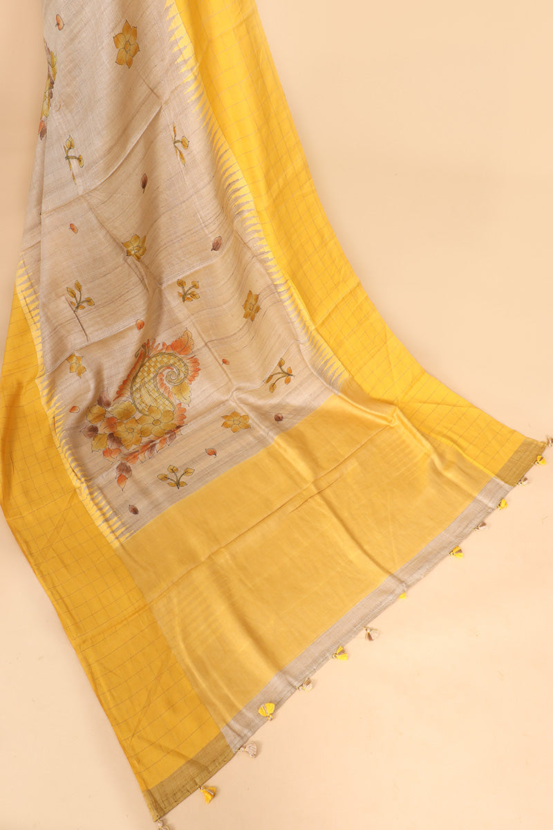 Beige And Yellow Tusser Silk Saree With Handbrush Floral Work