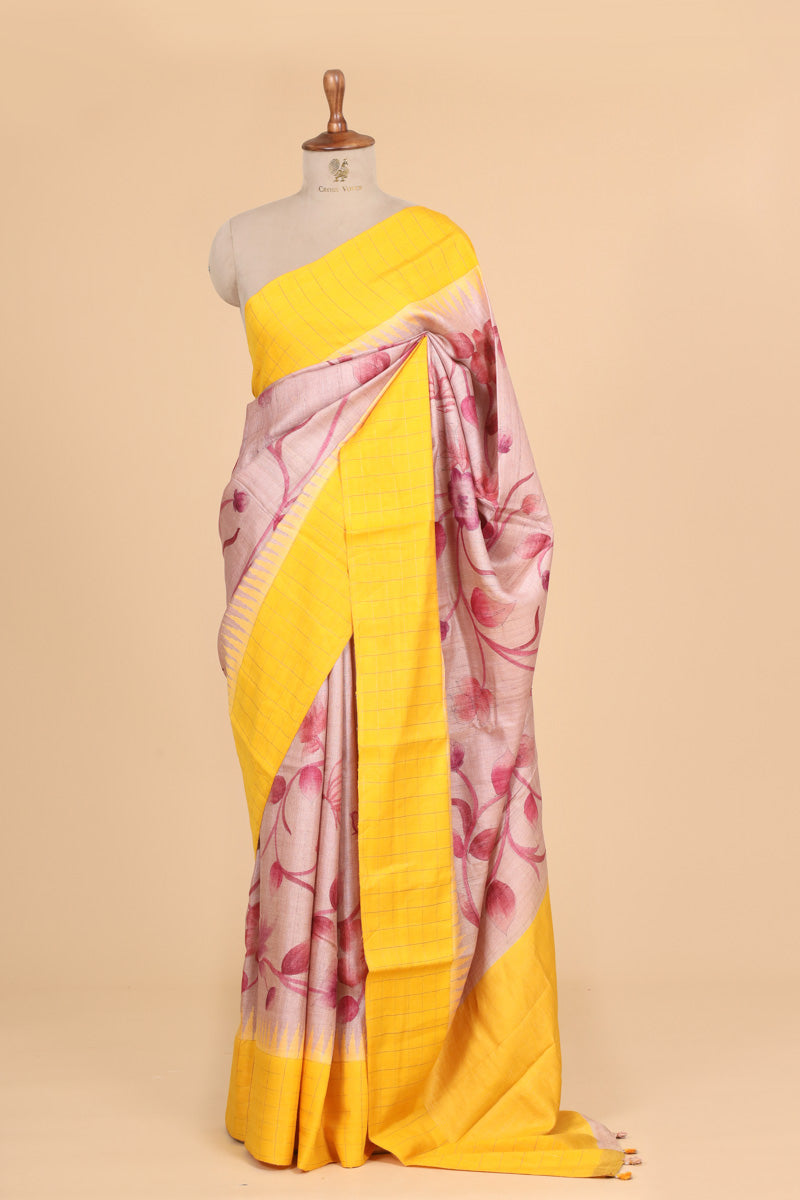 Beige And Yellow Tusser Silk Saree With Handbrush Floral Work