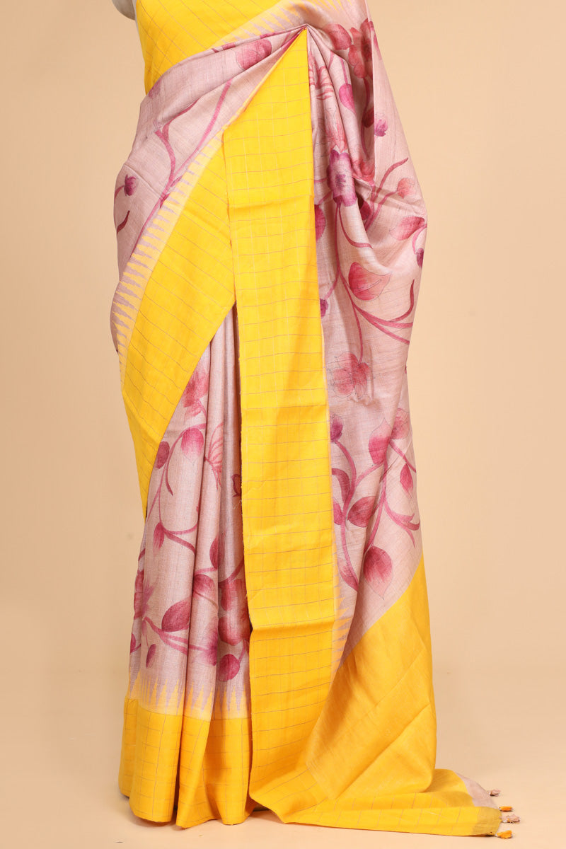Beige And Yellow Tusser Silk Saree With Handbrush Floral Work