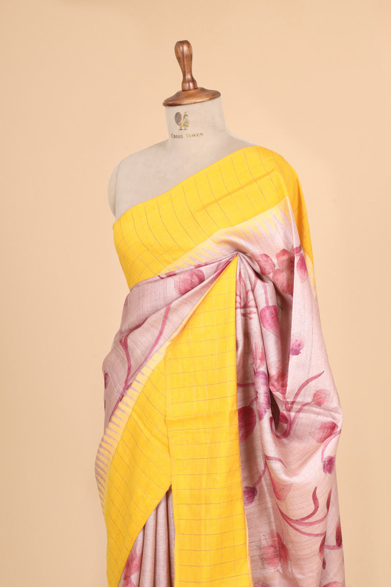 Beige And Yellow Tusser Silk Saree With Handbrush Floral Work