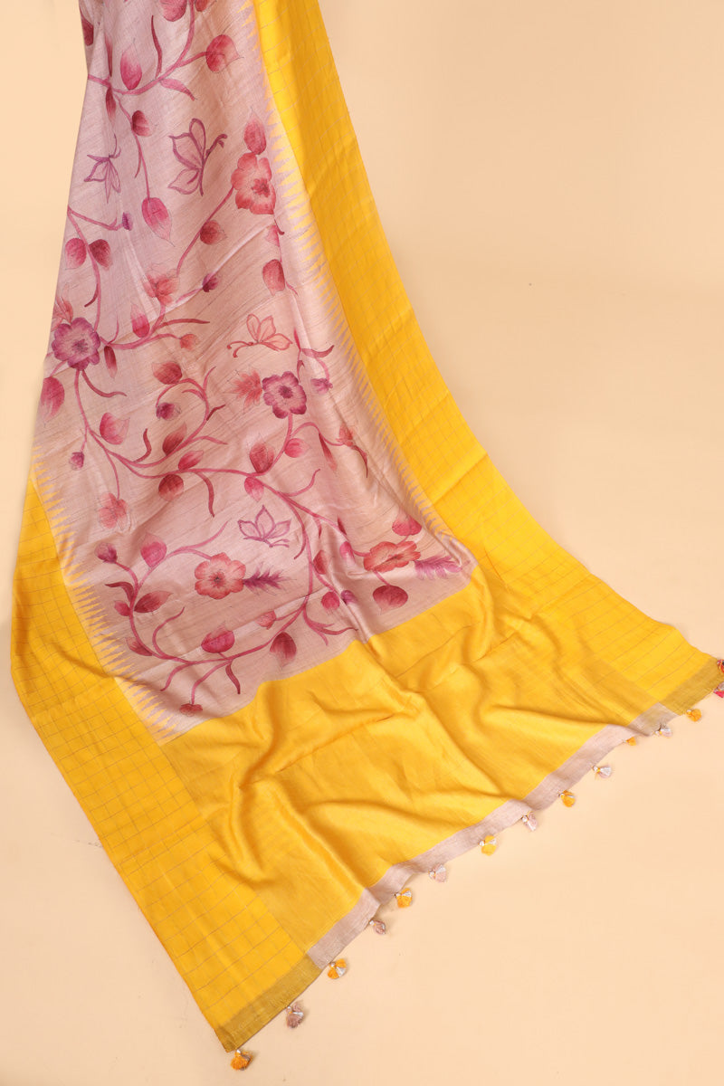 Beige And Yellow Tusser Silk Saree With Handbrush Floral Work