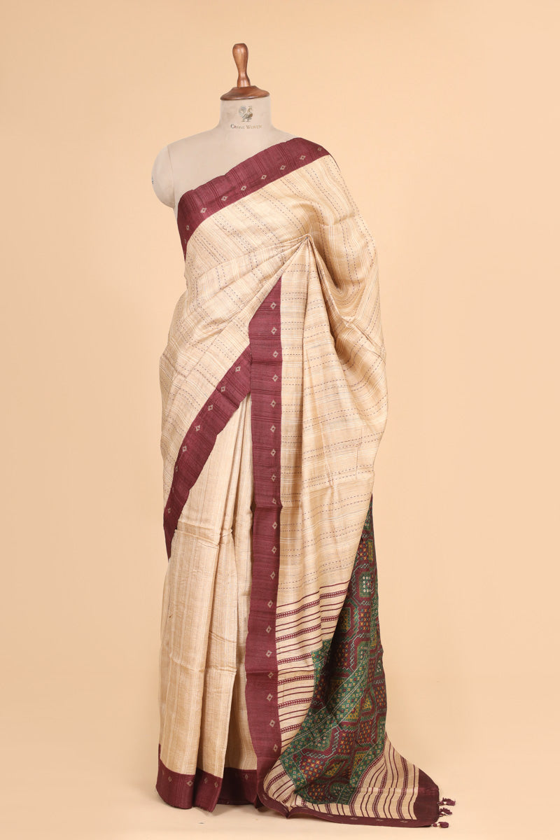 Beige Maroon Pure Tussar Silk Saree with Printed Patola-Inspired Pallu