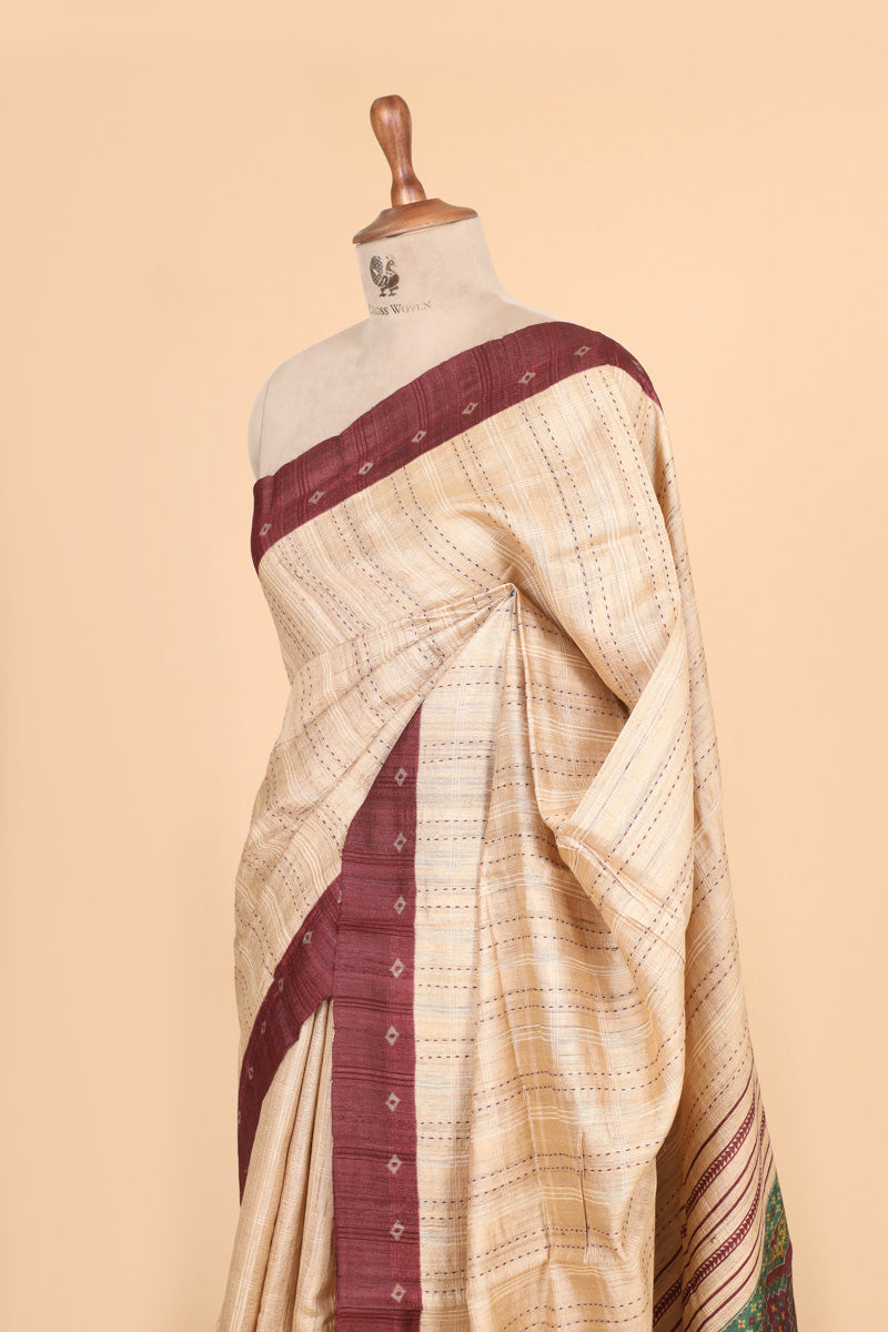 Beige Maroon Pure Tussar Silk Saree with Printed Patola-Inspired Pallu