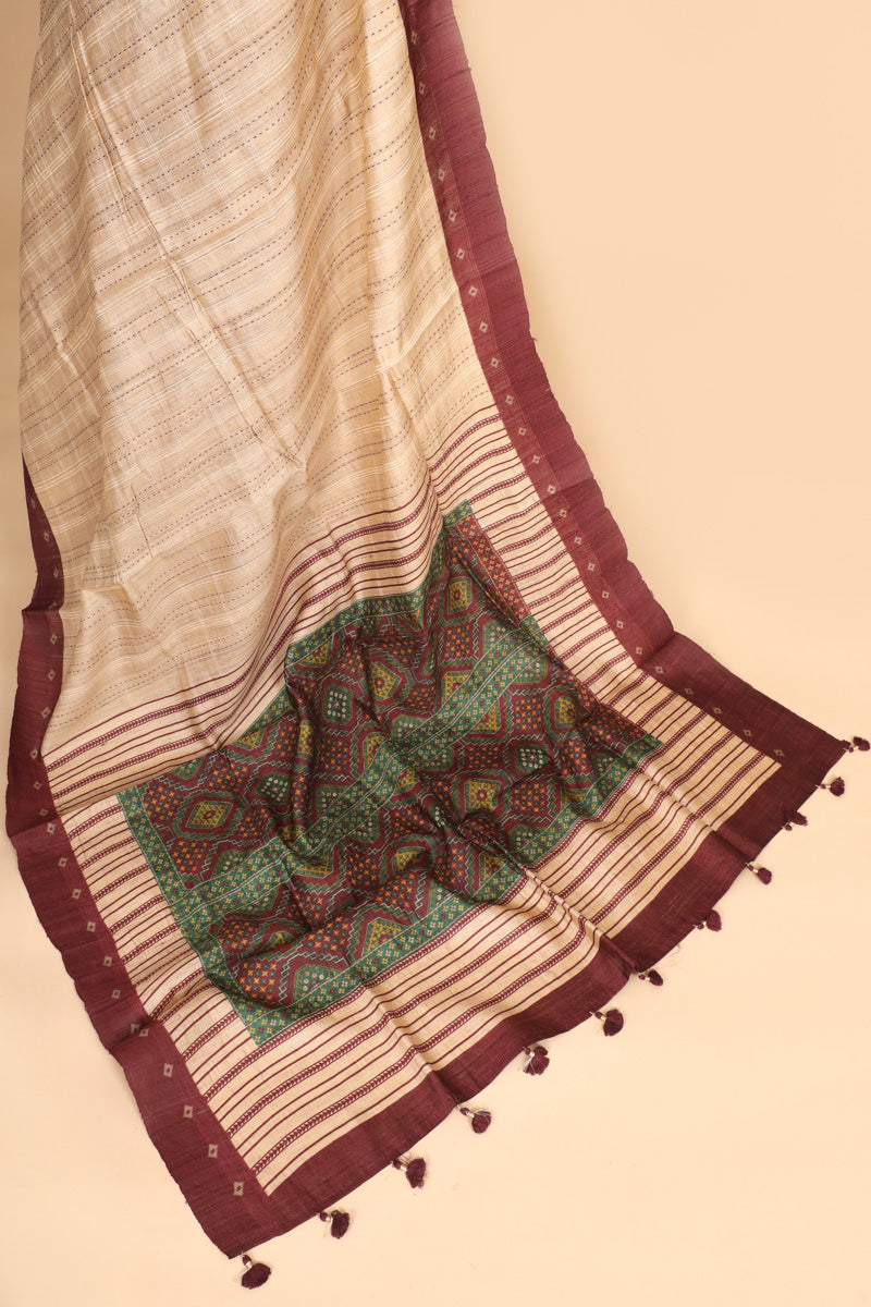 Beige Maroon Pure Tussar Silk Saree with Printed Patola-Inspired Pallu