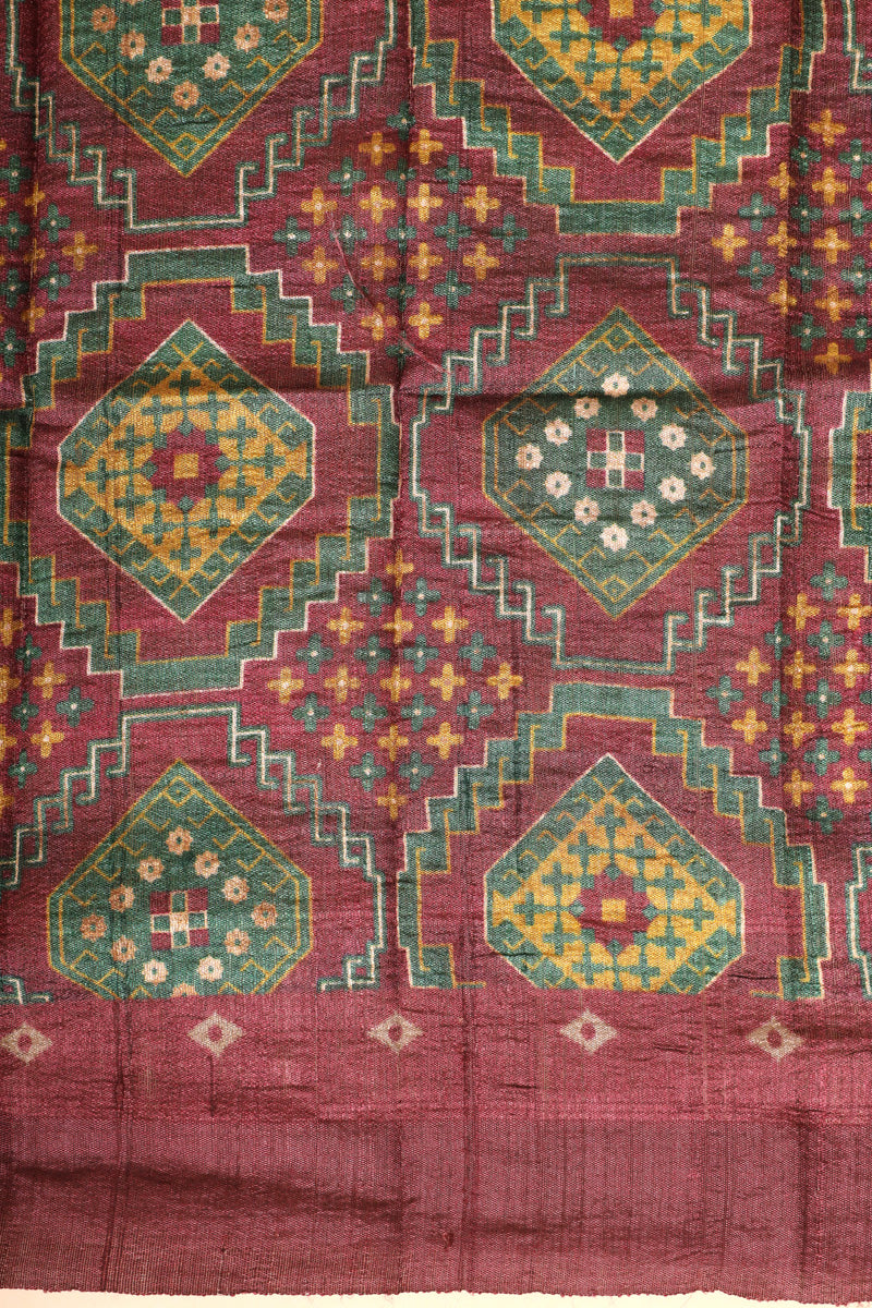 Beige Maroon Pure Tussar Silk Saree with Printed Patola-Inspired Pallu