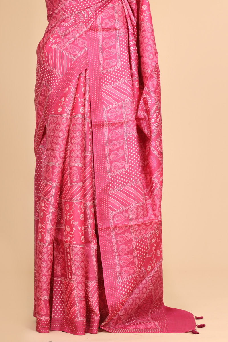 Pink Printed Pure Tussar Silk Saree with Traditional Motifs
