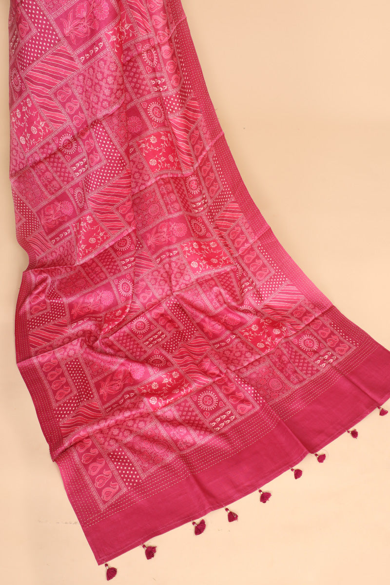 Pink Printed Pure Tussar Silk Saree with Traditional Motifs