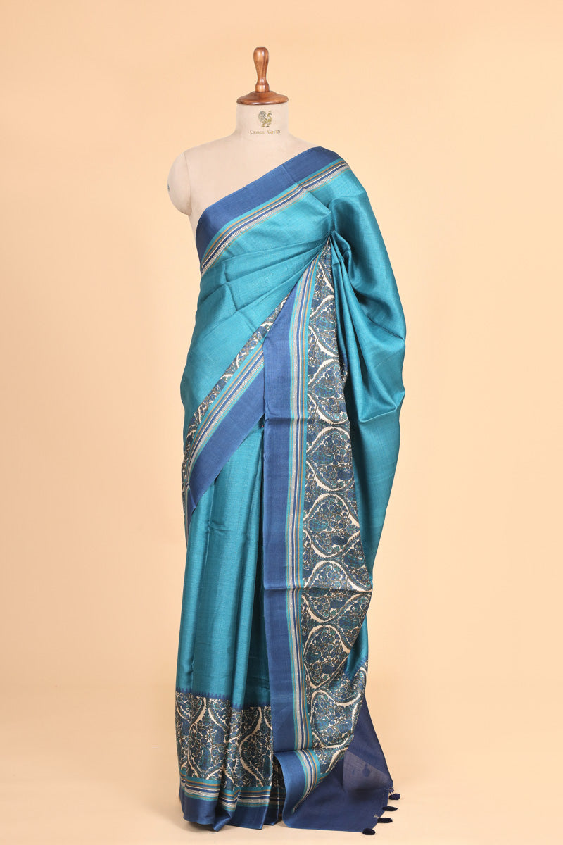 Turquoise Blue Pure Tussar Silk Saree with Ornate Printed Pallu
