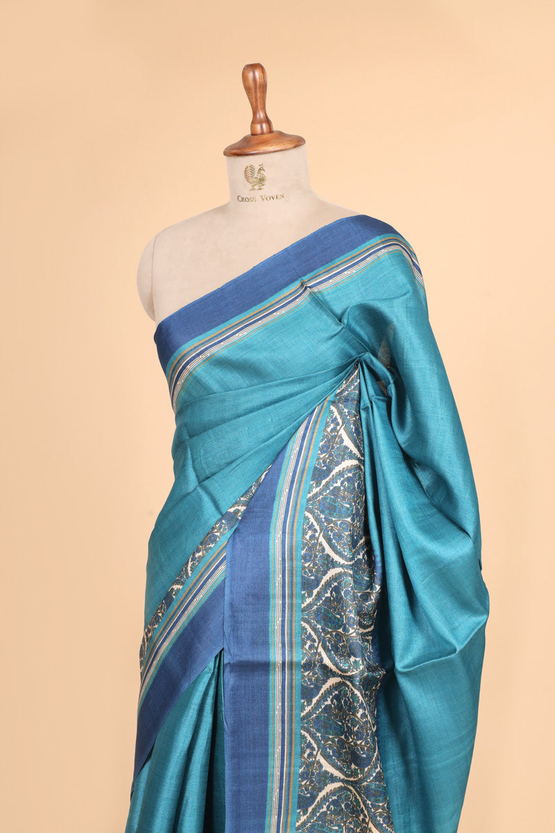 Turquoise Blue Pure Tussar Silk Saree with Ornate Printed Pallu