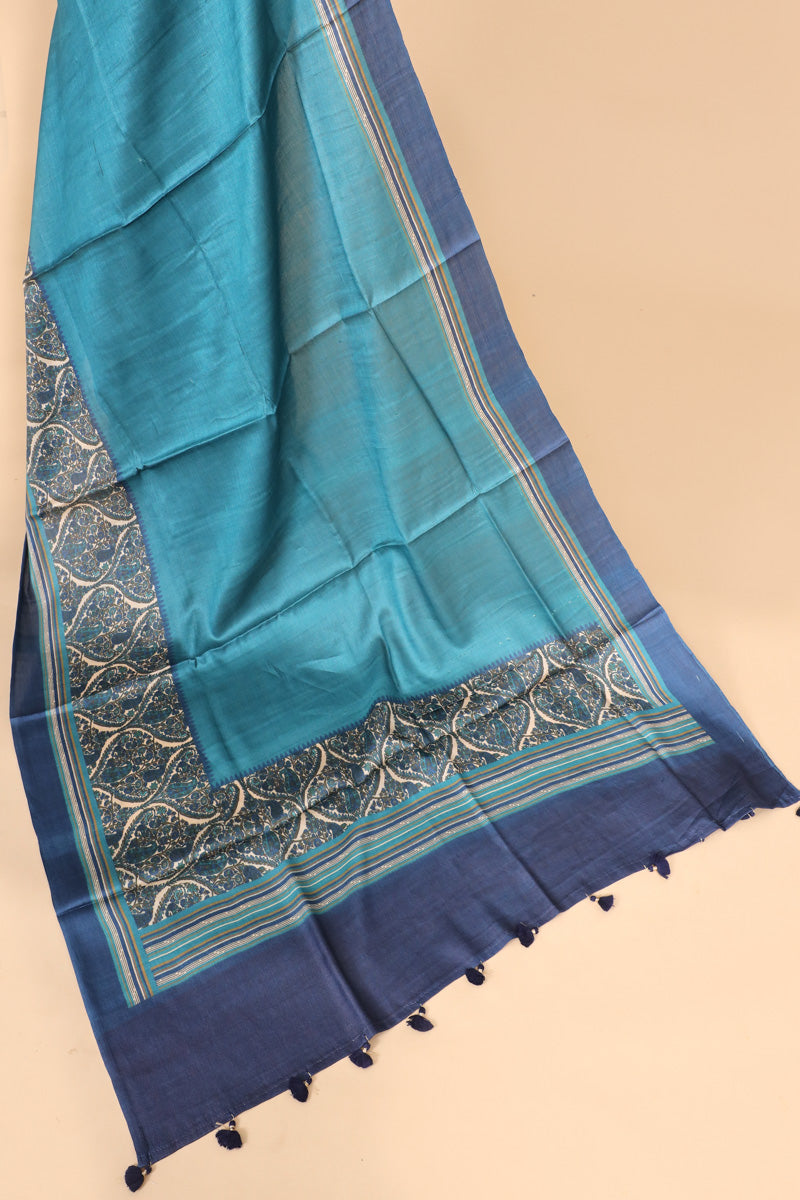 Turquoise Blue Pure Tussar Silk Saree with Ornate Printed Pallu