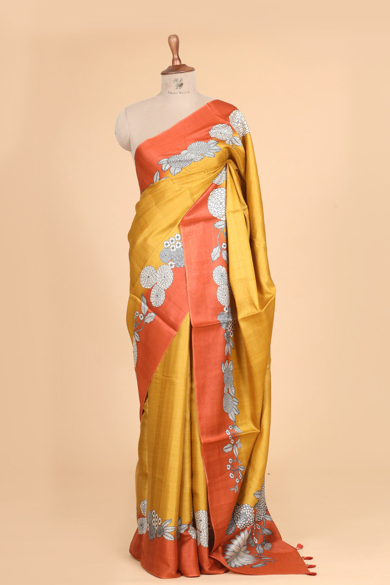 Mustard Yellow Floral Printed Pure Tussar Silk Saree with Contrast Border