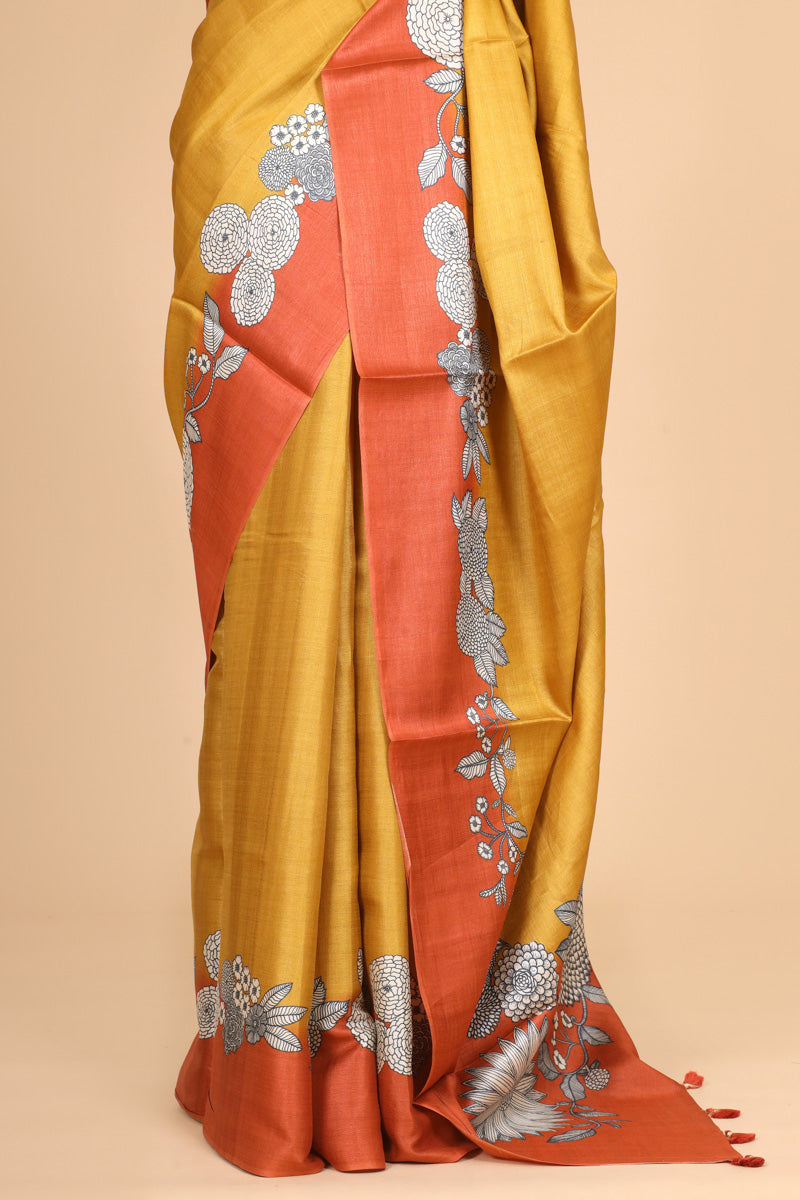 Mustard Yellow Floral Printed Pure Tussar Silk Saree with Contrast Border