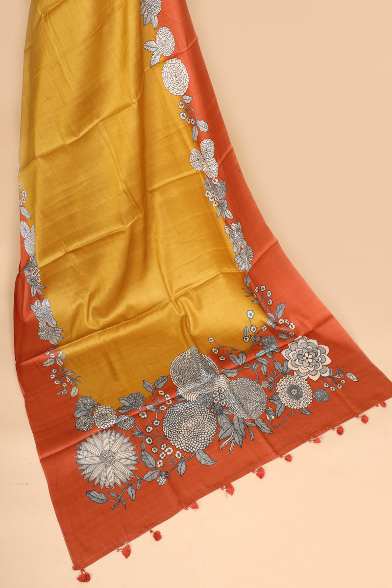 Mustard Yellow Floral Printed Pure Tussar Silk Saree with Contrast Border