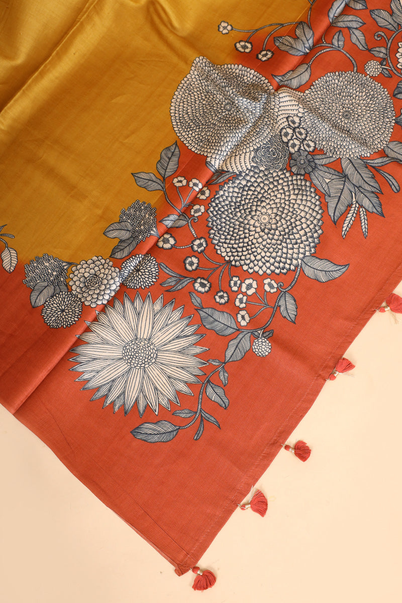 Mustard Yellow Floral Printed Pure Tussar Silk Saree with Contrast Border