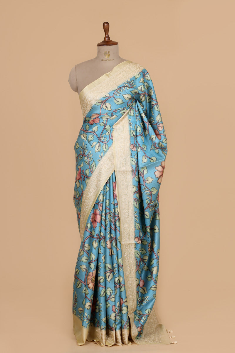 Sky Blue Floral Printed Pure Tussar Silk Saree with Embroidery Border