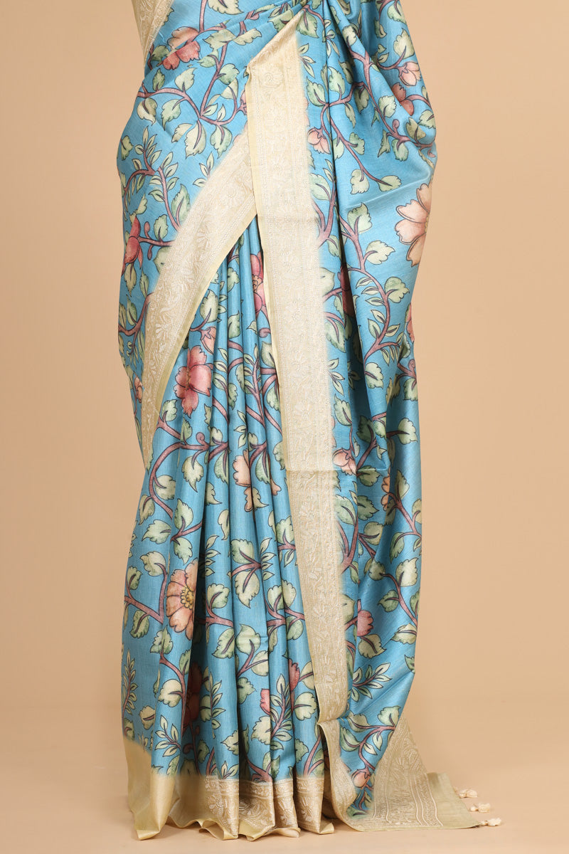 Sky Blue Floral Printed Pure Tussar Silk Saree with Embroidery Border