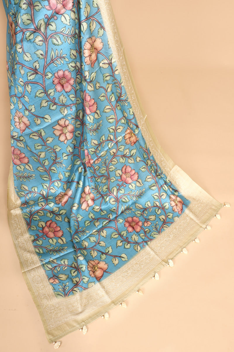 Sky Blue Floral Printed Pure Tussar Silk Saree with Embroidery Border