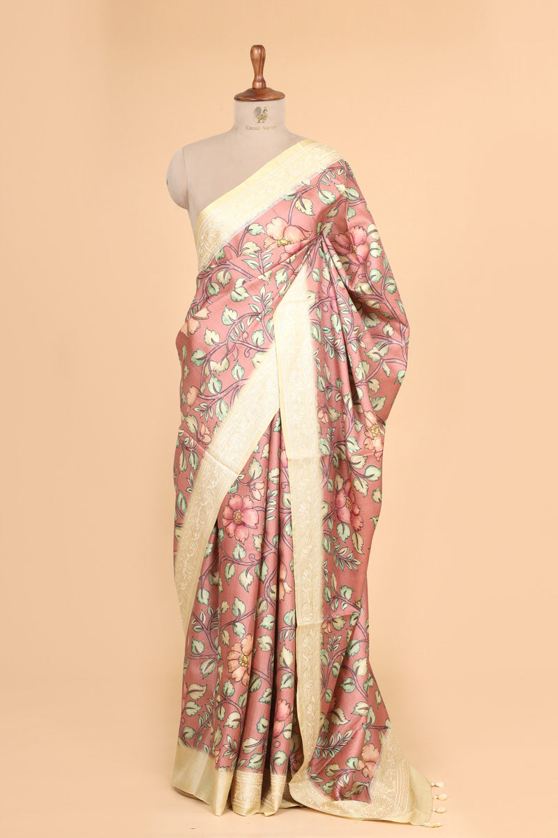 Blush Pink Floral Printed Pure Tussar Silk Saree with Embroidery Border