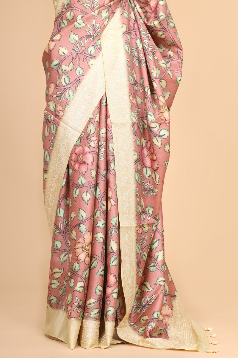 Blush Pink Floral Printed Pure Tussar Silk Saree with Embroidery Border
